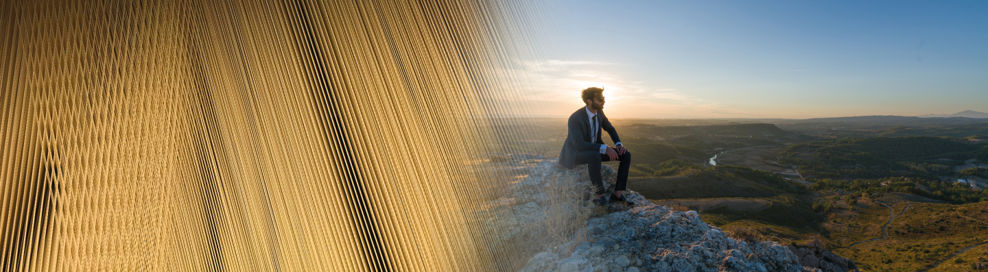 A person in formal attire sits on a rocky cliff edge, wrapped in a warm Merino wool shawl. They overlook a vast landscape during sunset, with a blurred vertical pattern to the left that resembles strands of yarn, contrasting with the clear and expansive view on the right.