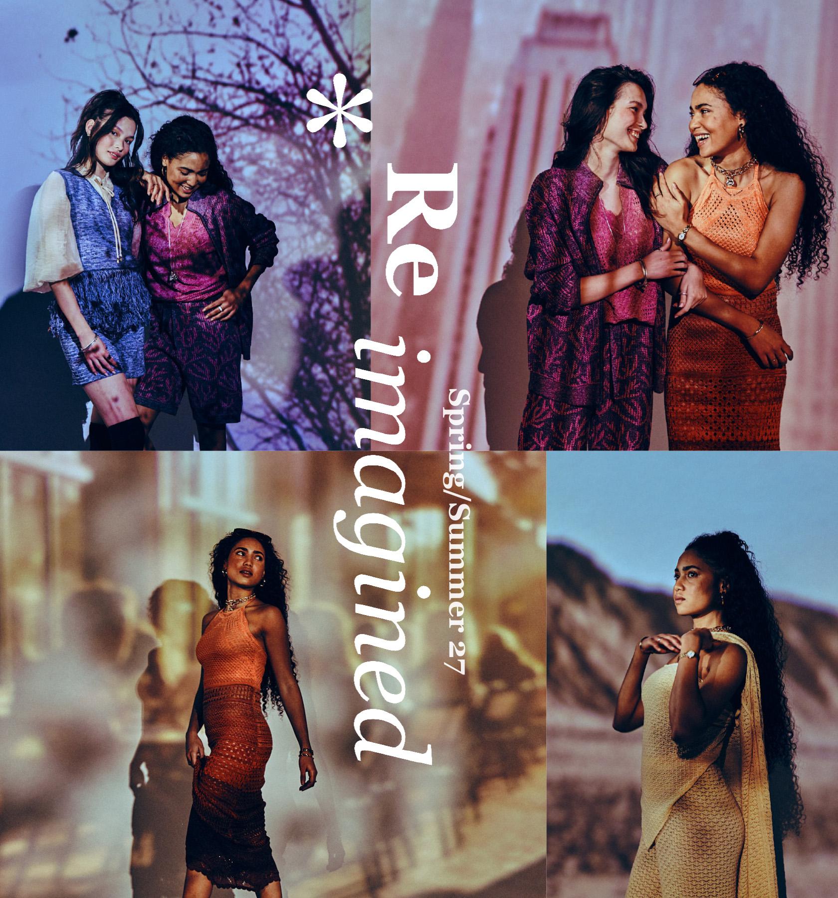 Four women model colorful, textured summer outfits in front of projected scenic backdrops. The text Re-imagined Spring/Summer 27 is displayed vertically in the center with a large asterisk.